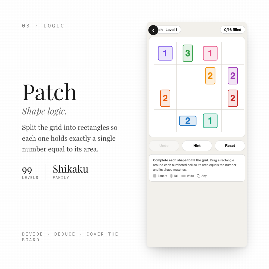 Patch — split the grid into rectangles, each holding one number equal to its area