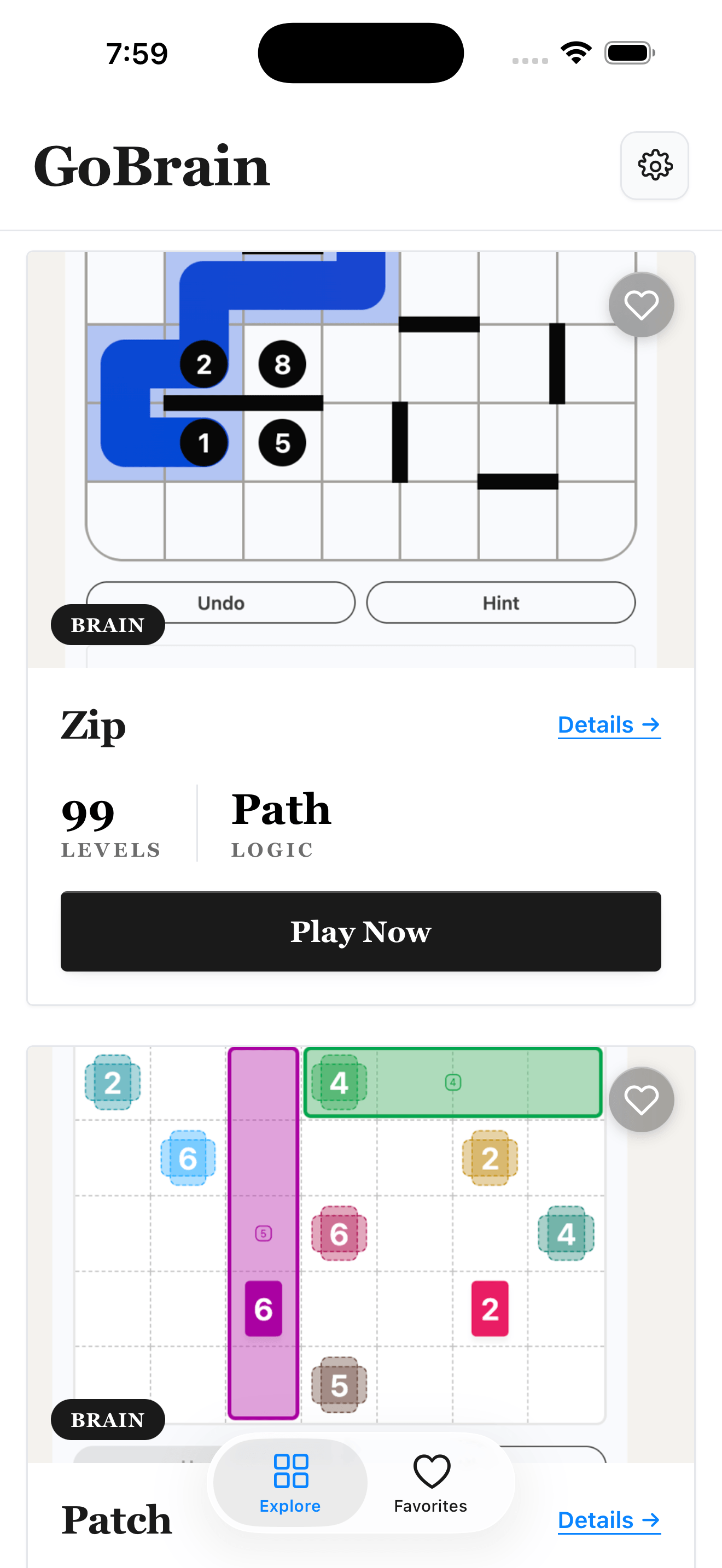 Go Brain Discover hub — pick a game and play