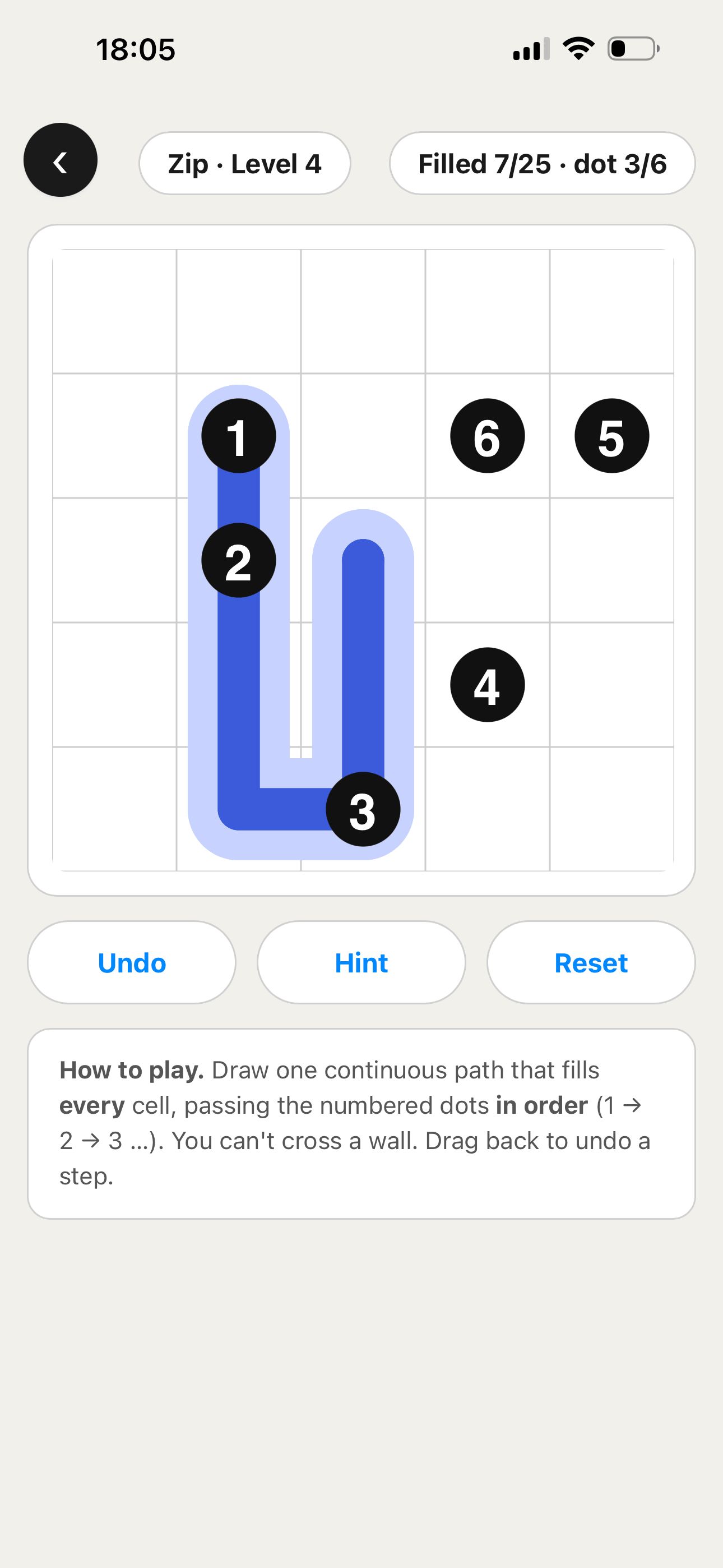 Zip — draw one unbroken path through every cell, 1 to N in order