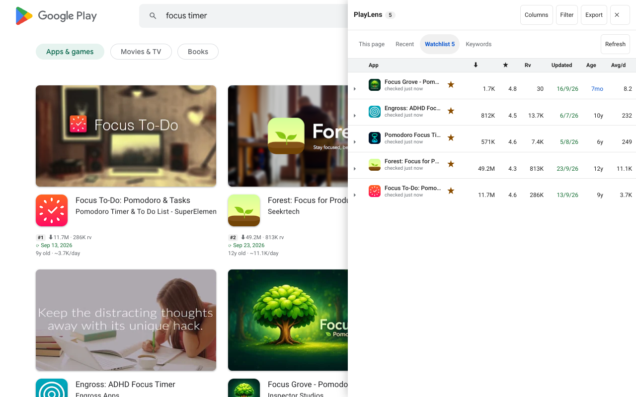 Watchlist tab with starred apps